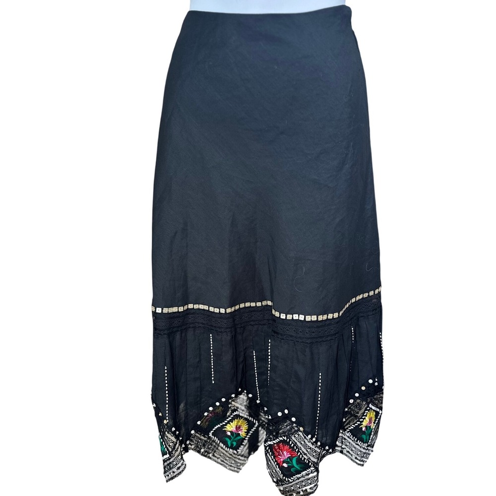 Carole Little Vintage Black Linen Maxi Skirt Embroidered Floral Trim Size 10